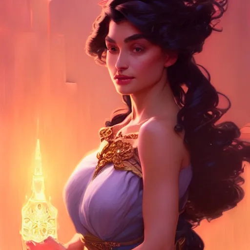 Prompt: Esmeralda from the Hunchback of Notre Dame, fantasy, intricate, elegant, highly detailed, digital painting, artstation, concept art, matte, sharp focus, illustration, art by Artgerm and Greg Rutkowski and Alphonse Mucha