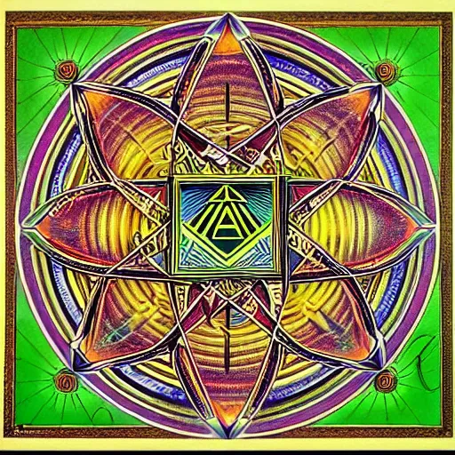 Prompt: sacred geometry, alchemy, freemasonry, martinism, rosicrucianism, secrets of the merkabah in the style of alex grey