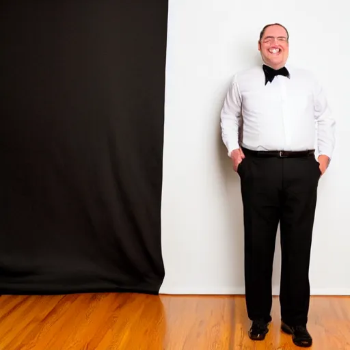 Image similar to clean - shaven portly white man wearing a crisp white dress shirt, necktie, black trousers, and black shoes. he looks very happy. studio background, studio lighting.