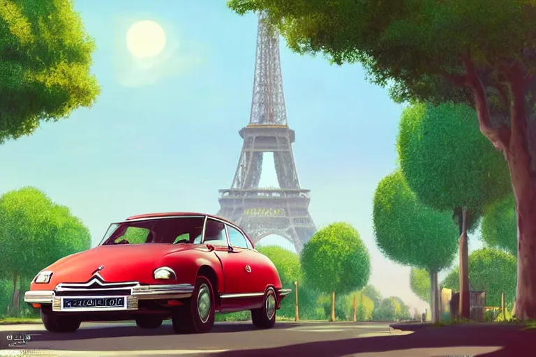 Image similar to a wholesome animation key shot of!! one!! focused! 1 9 7 4 citroen ds! in a tree lined paris street, view of eiffel tower, medium shot, studio ghibli, ( pixar ) and disney animation, sharp, very detailed, high resolution, rendered in unreal engine 5, anime key art by greg rutkowski, bloom, dramatic lighting