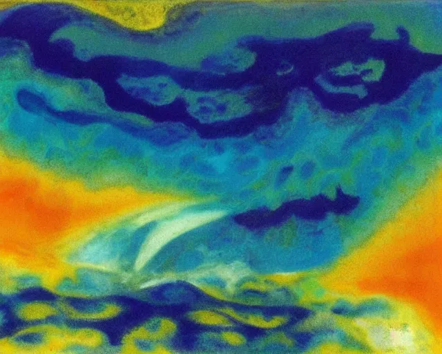 Prompt: Ocean waves in a psychedelic dream world. DMT. Curving rivers. Emil Nolde. Zao Wou-ki. Minimalist.