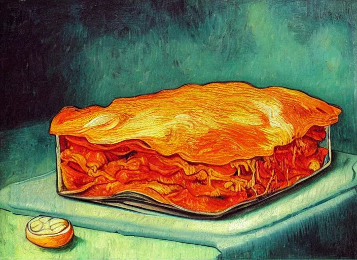 Image similar to detailed realistic realism painting of hybrid between orange tabby cat and lasagna, at dusk, in the style of vincent van gogh and salvador dali and leonardo da vinci