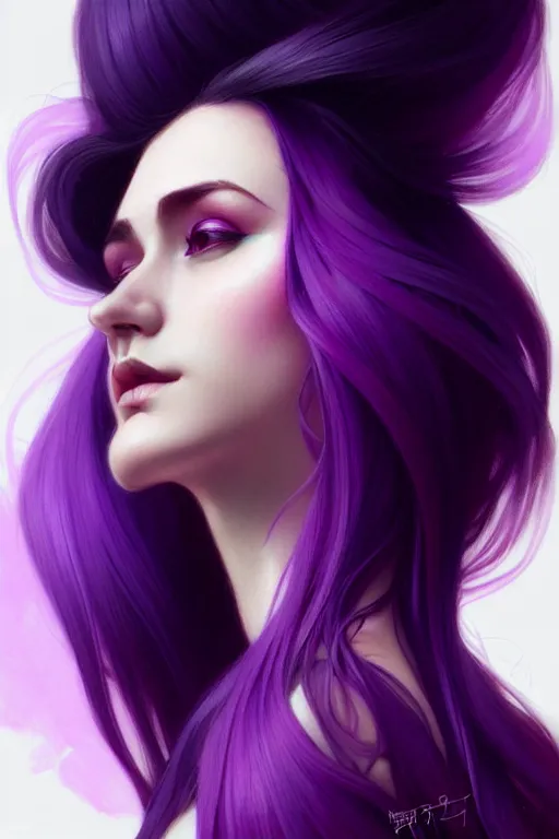 Image similar to Purple hair, creative colouring Portrait of woman face profile, fashion, colored strands of hair, intricate, elegant, highly detailed, digital painting, artstation, concept art, smooth, sharp focus, illustration, art by artgerm and greg rutkowski and alphonse mucha