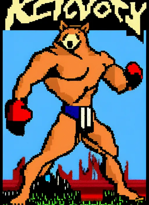 Image similar to extreme long shot. 8 bit nes graphics. antropomorphic muscular masculine wolf. kickboxer fighter, in shorts. wolf head. furr on body.