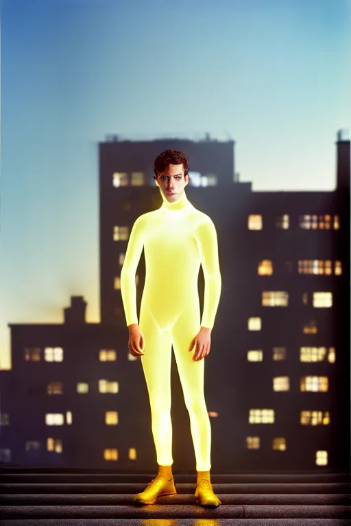 Prompt: un ultra high definition studio quality photographic art portrait of a young man standing on the rooftop of a british apartment building wearing soft inflatable padded iridescent refractive clothing. three point light. extremely detailed. golden ratio, ray tracing, volumetric light, shallow depth of field. set dressed.