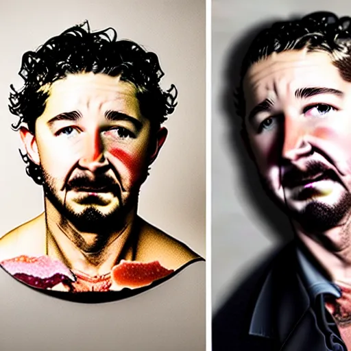 Image similar to uhd photorealistic shia labeouf made out of pieces of beef. photo by annie leibowitz