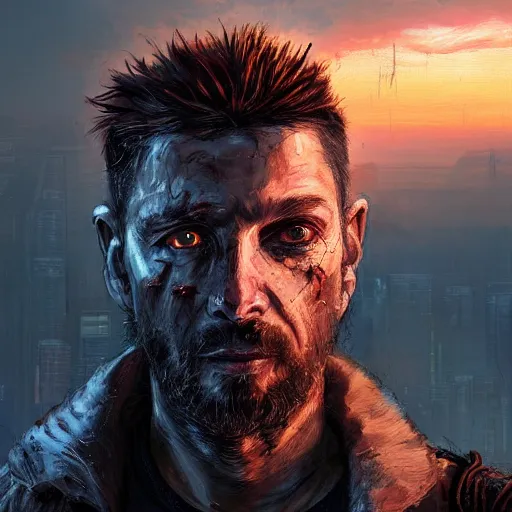 Prompt: armitage, closeup portrait of a shaggy badass cyberpunk ex soldier with a scar in his face, sunset, neuromancer, cyberpunk city background, megacity, gorgeous view, depth, painted by seb mckinnon, high detail, digital art, painted by greg rutkowski, trending on artstation