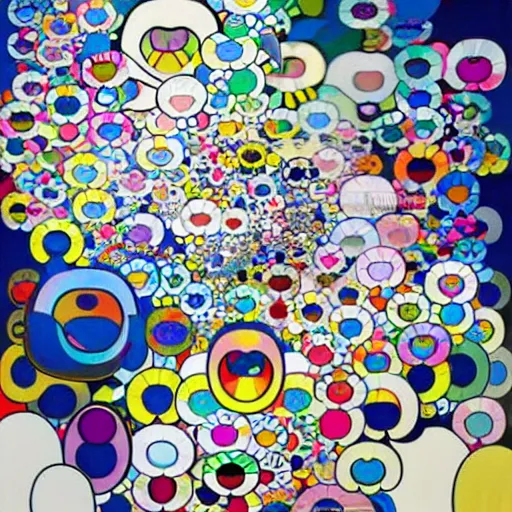 Image similar to colorful dragons swirling in the fluffy cloud, painted by takashi murakami