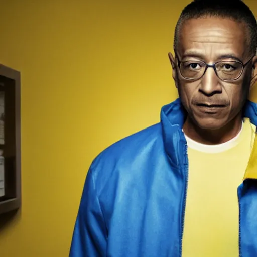 Image similar to gus fring in a blue varsity jacket with yellow sleeves, still from breaking bad