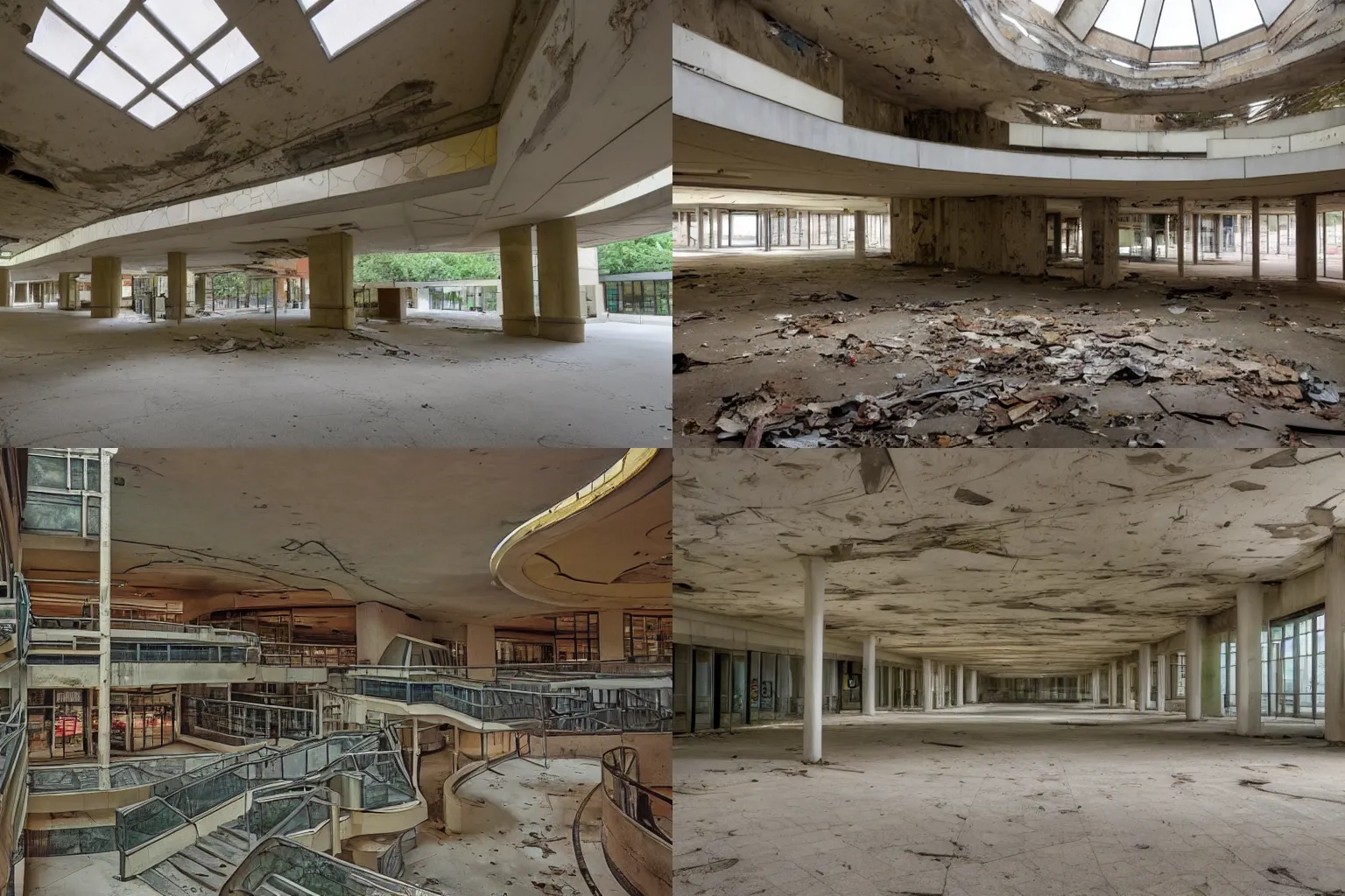Prompt: abandoned mall in the architectural style of fallingwater