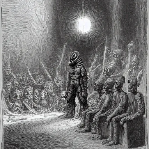 Prompt: eerie space alien talking to a group of people in front of a space ship in an ancient village in a Gustave Dore art style, grunge, matte