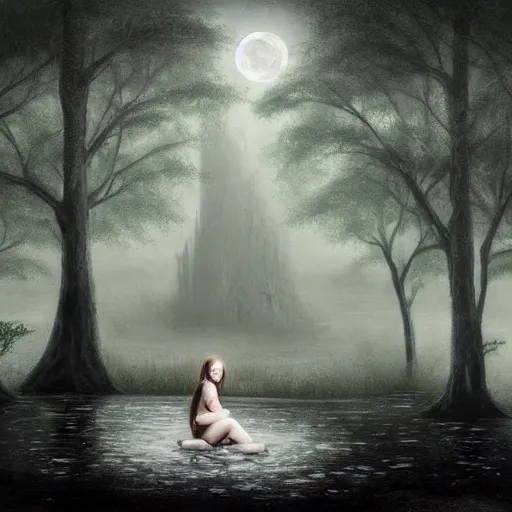 Prompt: an ultra realistic painting of a girl in a silver dress sitting in a gigantic ancient tree next to a pond at night, surrounded by a towering dark forest, the moon can be glimpsed through the trees and is veiled by fog, fog obscures the background, midnight, dark fantasy, fantasy forest, spooky forest, highly detailed, concept art