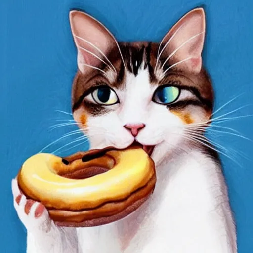 Image similar to a cute cat eating a donut and banana, detailed, realistic