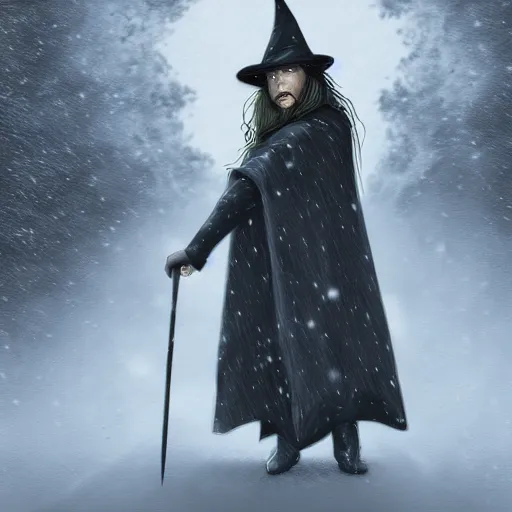 Prompt: wizard, dark, flying on the broom, front view, trees, snowing, digital art