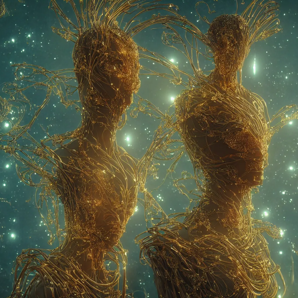 Image similar to extremely detailed cinematic movie still full body shot of 2 1 years old artist hyperreal skin face golden energy strings and neural networks art - nouveau style with sparkling crystals by denis villeneuve, wayne barlowe, simon birch, marc simonetti, philippe druillet, bright volumetric sunlight, rich moody colors, bokeh