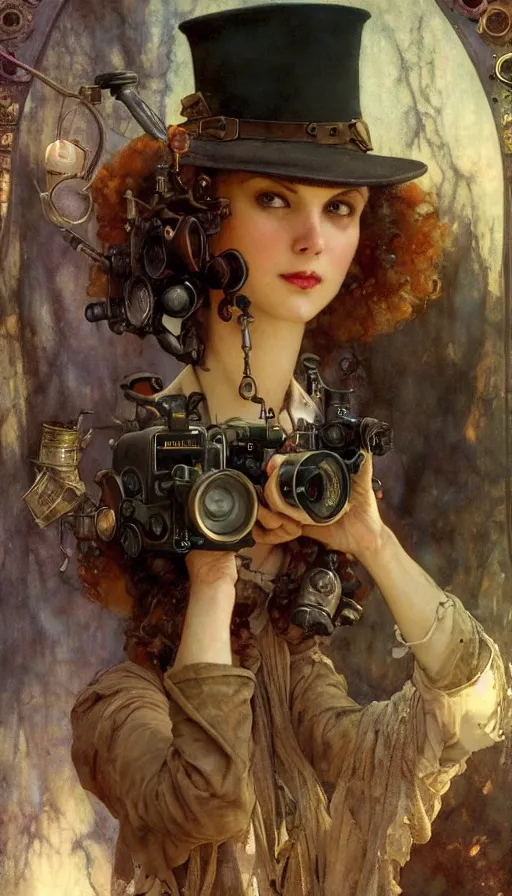 Image similar to hyper realistic photographer looking through camera, magical, steampunk, painted by norman rockwell, tom bagshaw, mucha, gaston bussiere, craig mullins, j. c. leyendecker 8 k