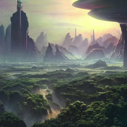 Image similar to A vast planetary peaceful sci fi city by James Gurney and Greg Rutkwoski, lush, nature, foliage, oil on canvas, artstation, dramatic scenery, masterpiece, aesthetic, cgsociety, cinematic lighting