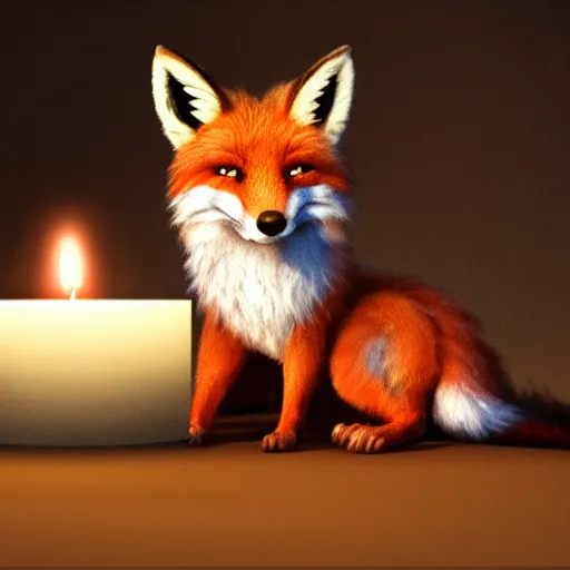 Image similar to a beautiful hyper realistic ultra detailed lifelike matte painting of a fox in front of a candle, unreal engine, deviantart, flickr, artstation, octane render, textured, colorful, extreme realistic detail, physically based rendering, pbr render, very detailed, volumetric lighting, detailed lighting, octane render, 4 k, cinematic lighting, 8 k resolution