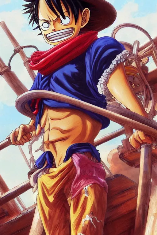 Prompt: Luffy from One Piece on a pirate ship, highly detailed, digital painting, artstation, concept art, sharp focus, illustration, art by artgerm and greg rutkowski and alphonse mucha