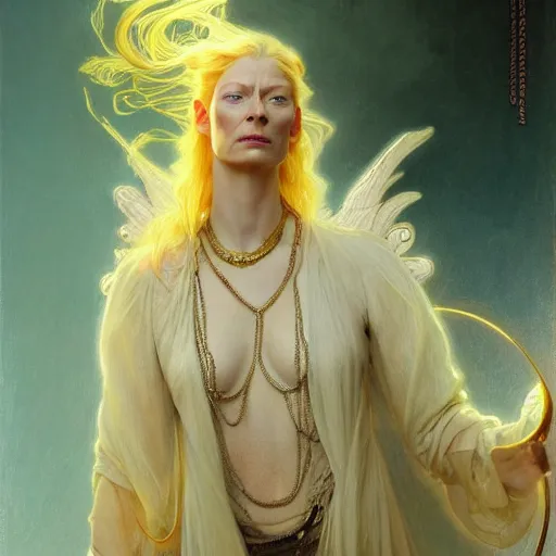 Image similar to young adult tilda swinton as lucifer morningstar, long blond hair, natural lighting, path traced, highly detailed, high quality, digital painting, by gaston bussiere, craig mullins, alphonse mucha j. c. leyendecker