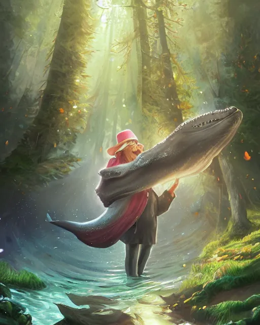 Prompt: Whale playing Trumpet in magical forest, portrait, wearing hat, magical notes, fairy atmosphere, magic the gathering artwork, D&D, fantasy, cinematic lighting, centered, symmetrical, highly detailed, digital painting, artstation, concept art, smooth, sharp focus, illustration, volumetric lighting, epic Composition, 8k, art by Akihiko Yoshida and Greg Rutkowski and Craig Mullins, oil painting, cgsociety