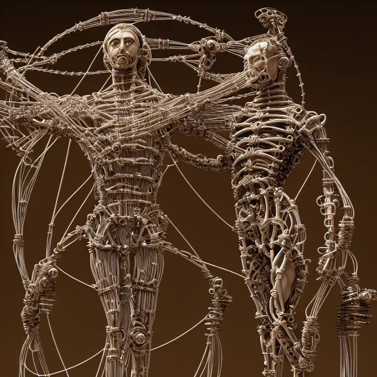 Image similar to biomechanical religious sculpture statue of jesus on cross made of wires cables tubes, cyberpunk, baroque painting, beautiful detailed intricate insanely detailed octane render, 8K artistic photography, photorealistic, chiaroscuro, Raphael, Caravaggio, Giger, Beksinski