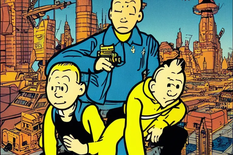 Image similar to portrait of TinTin! sci-fi, cyberpunk, art by Hergé!!