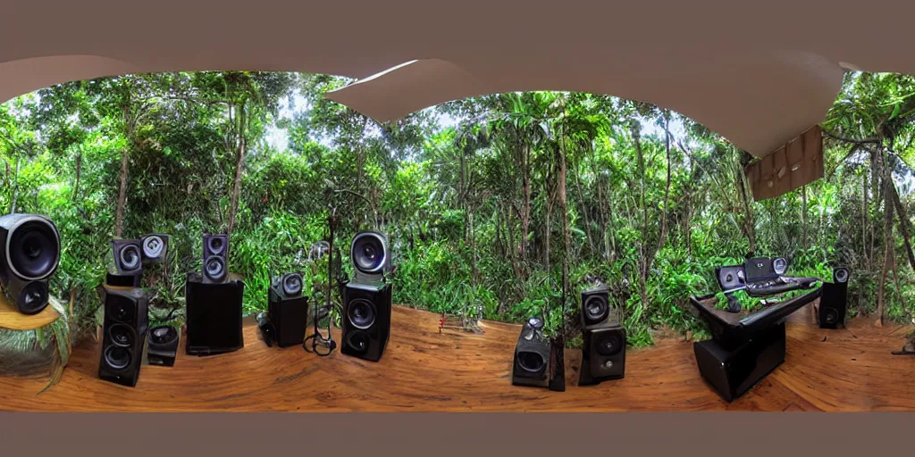 Prompt: a dream recording studio with turntables and large speakers in the jungle, by james gurney, equirectangular projection 360 panoramic