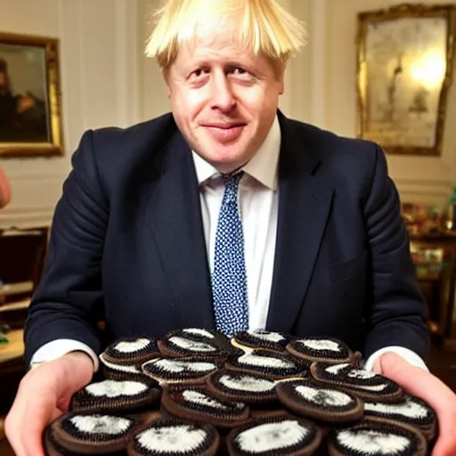 Prompt: boris johnson shows off his oreo collection, press photo