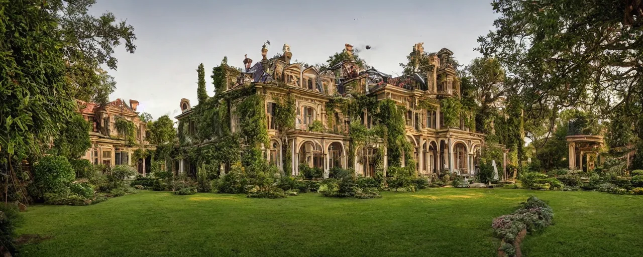 Prompt: a highly detailed photograph of a house from the 1880s surrounded by beautiful gardens, view from ground level, elegant, ornate, daytime, beautifully lit scene