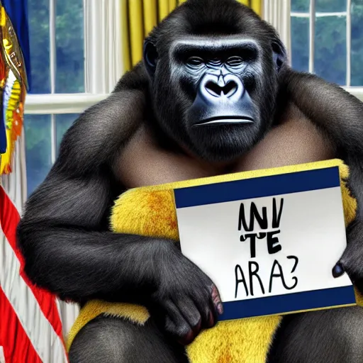 Image similar to harambe is president and sitting in the oval office