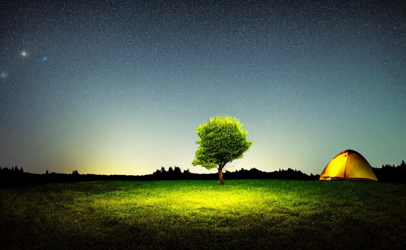 Image similar to photography of many stars at night with a tree in foreground and a tent, highly detailed, photorealistic
