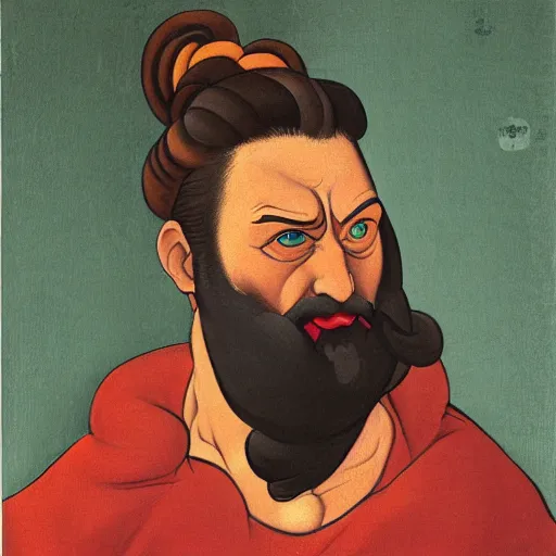 Image similar to portrait painting of angry Michelangelo di Lodovico with topknot in the style of japanese cartoon