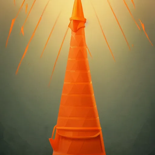 Image similar to great white shark with a conical orange traffic cone orange traffic cone orange traffic cone instead of a fin - ron cheng & alphonse mucha, highly detailed, digital painting, ray tracing, concept art, illustration, smooth sharp focus, intricate, symmetry, artstation,