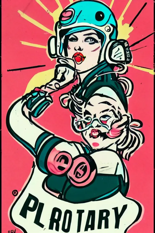 Prompt: roller derby girl portrait, logo, wearing helmet, punching air, Frank Hampson and mcbess, 1950s