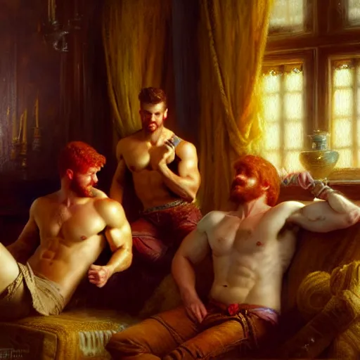 Prompt: attractive muscular mike with ginger hair with attractive tyler with brunet hair, drinking their hearts out, in their noble mansion. highly defined painting, highly detailed painting by gaston bussiere, craig mullins 8 k