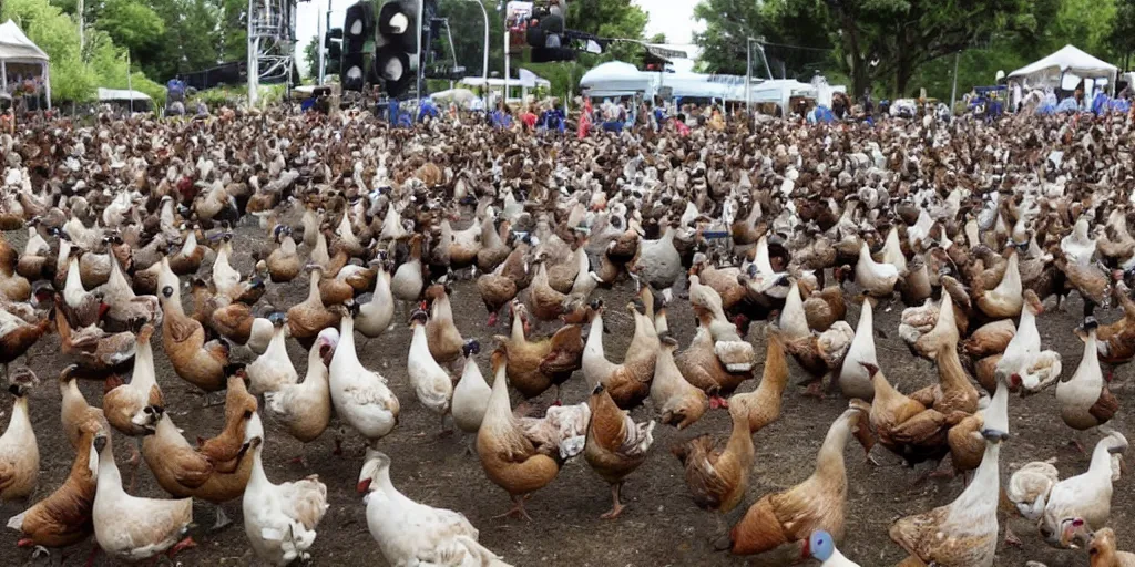 Prompt: summer music festival full of fowl. no humans. tex fowl