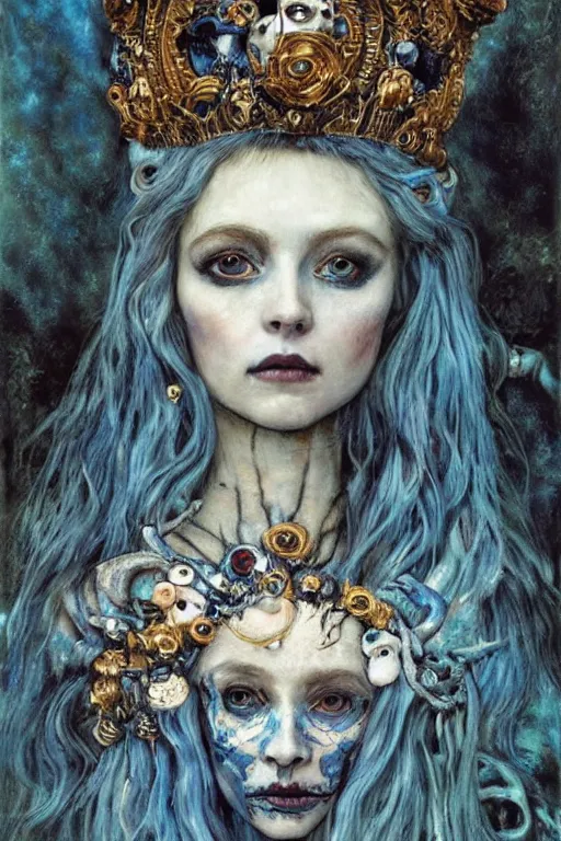 Image similar to The Princess of Bones by Karol Bak, Jean Deville, Gustav Klimt, and Vincent Van Gogh, portrait of a porcelain princess wearing a crown, porcelain ball-joint doll face with blue painted tattoos, pale blue eyes, mystic eye, otherworldly, crown made of bones, ornate jeweled crown, skulls, fractal structures, arcane, inscribed runes, infernal relics, ornate gilded medieval icon, third eye, spirals