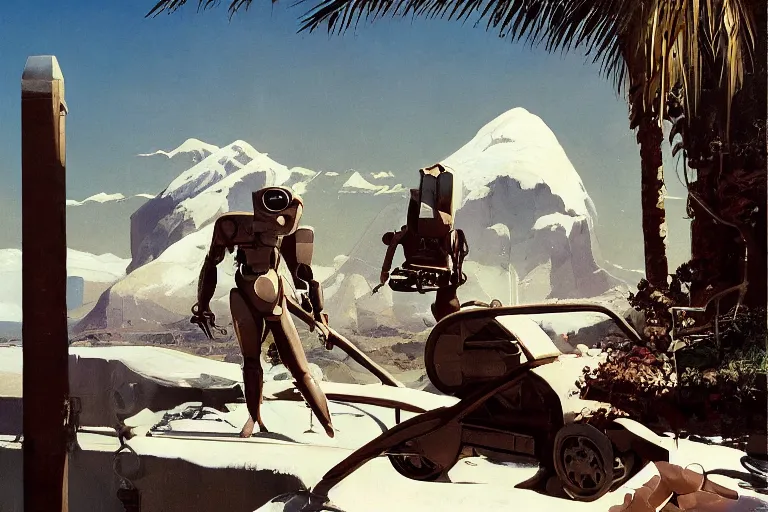 Image similar to natural american landscape | robot repairing another robot | palm trees | snowy mountains, painting by syd mead and weta studio and james jean, frank frazetta, highly detailed, rule of third, soft lighting, 8 k resolution, oil on canvas, architectural magazine, beautiful detailed, insanely intricate details, artstation trending, hypermaximalistic, high details, cinematic