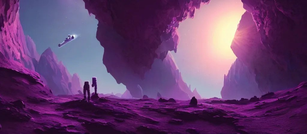 Image similar to one astronaut on purple [ [ [ crystal ] ] ] caves, amethyst, beautiful dynamic lighting, cinematic, wide angle establishing shot, extremely high detail, photo realistic, cinematic lighting, artstation, matte painting, style by frederic church, raphael lacoste, greg rutkowski, roger deakins