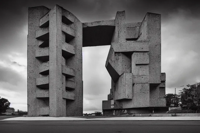 Image similar to Amongus-shaped brutalist structure, urban photography, award-winning photo