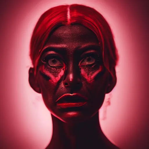 Image similar to stunning beautiful portrait photography of a face detailing demonic Countess wearing red and black dress from national geographic magazine award winning, dramatic lighting, taken with Sony alpha 9, sigma art lens, medium-shot