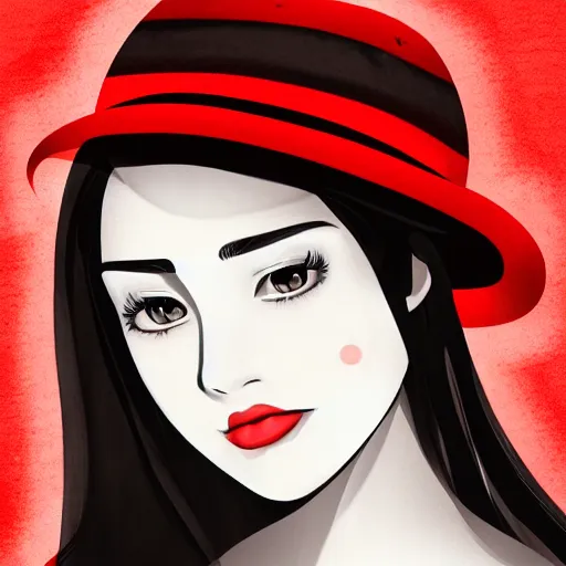 Prompt: elegant intelligent teenage girl in a black hat with red strip, digital art, gray scale, anime style