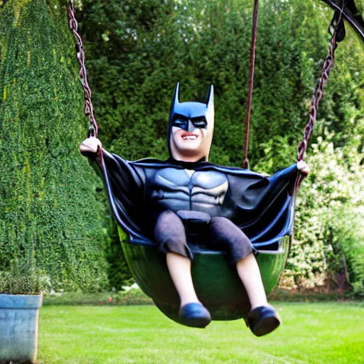 Image similar to batman sits happily on a garden swing, happy face, 8 k photography