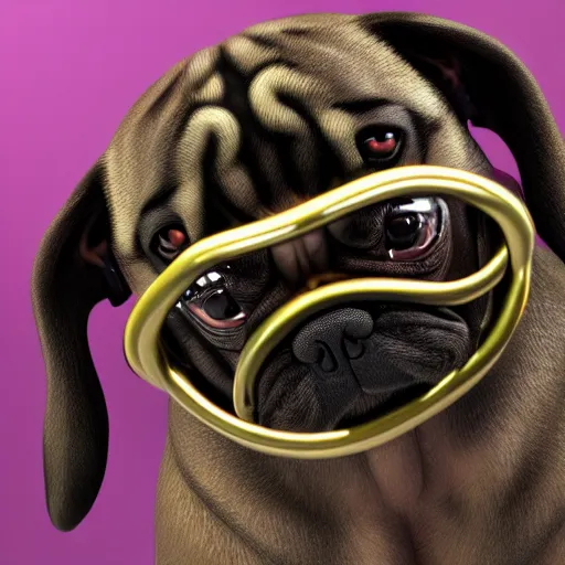 Image similar to 3 d rendered hyper realistic hyper detailed pug wearing a shiny leather gimp mask with zippers, octane render, blender, 8 k