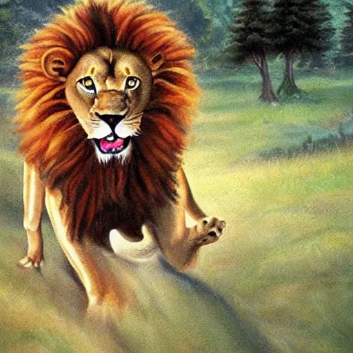 Image similar to lion chasing bob ross screaming