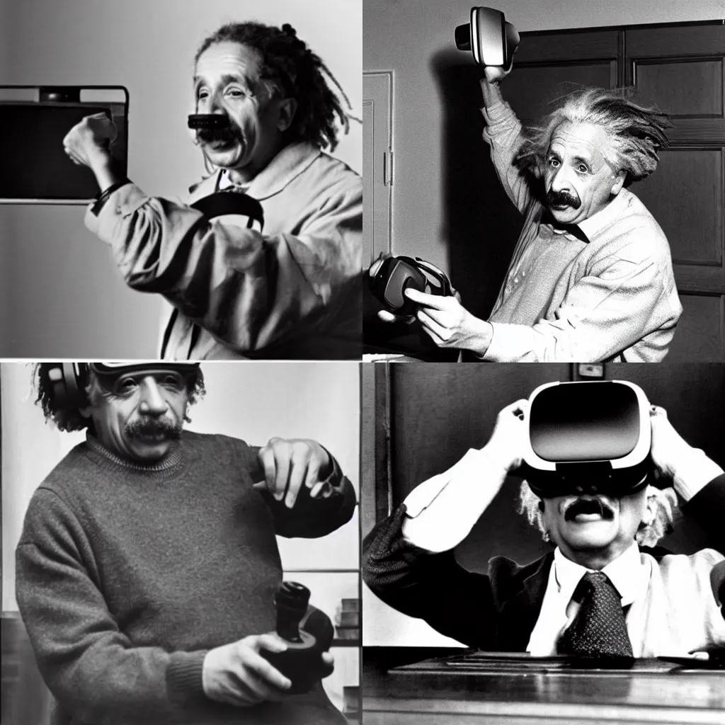 Prompt: black and white oldschool photo of albert einstein playing games with a vr headset