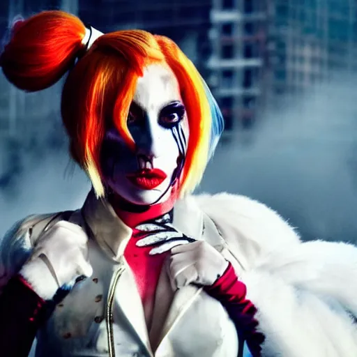 Image similar to Lady Gaga as real-life Harley Quinn, cinematic, Low angle, atmospheric fog and lighting, directed by Michael Bay, movie still, photography