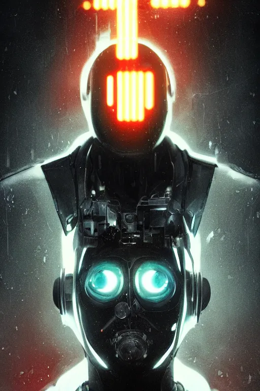 Prompt: head and shoulders render of man black leather jacket mid distance cyberpunk face ((single_glowing_red_eye red_emissives!)) android face mecha, inhuman creepy intimidating, exposed cable bundles black thick Tom Bagshaw and Greg Rutkowski and Alphonse Mucha Bladerunner 2049 screenshot artstation UE5 2066 trending 165mm