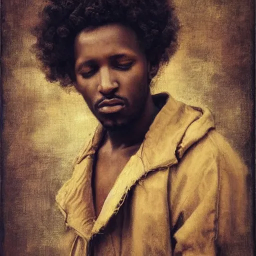 Image similar to east african man with curly hair, philosophical, contemplative, vintage, by jose miguel, francois fressinier, giovanni battista, jose miguel, beautiful, dreamy